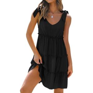 imageCaracilia Women 2025 Summer Beach Vacation Dress Sleeveless V Neck Tie Shoulder Flowy Casual Cute Mini Sundress with PocketsBlack