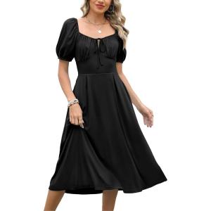 imageCaracilia Women Summer Boho Midi Dresses Puff Sleeve Square Neck Floral Bridal Shower Wedding Guest Flowy SundressBlack