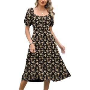 imageCaracilia Women Summer Boho Midi Dresses Puff Sleeve Square Neck Floral Bridal Shower Wedding Guest Flowy SundressBlack Yellow Floral