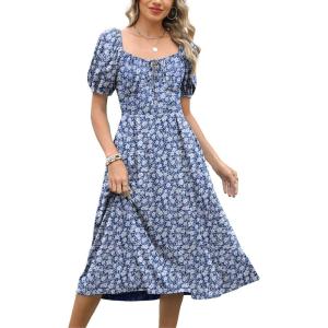 imageCaracilia Women Summer Boho Midi Dresses Puff Sleeve Square Neck Floral Bridal Shower Wedding Guest Flowy SundressBlue White Floral