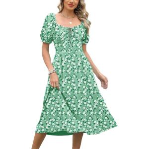 imageCaracilia Women Summer Boho Midi Dresses Puff Sleeve Square Neck Floral Bridal Shower Wedding Guest Flowy SundressGreen White Floral