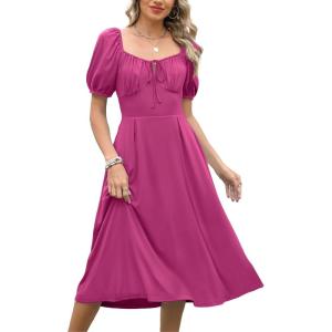 imageCaracilia Women Summer Boho Midi Dresses Puff Sleeve Square Neck Floral Bridal Shower Wedding Guest Flowy SundressHot Pink