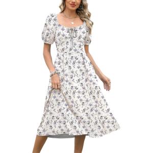imageCaracilia Women Summer Boho Midi Dresses Puff Sleeve Square Neck Floral Bridal Shower Wedding Guest Flowy SundressWhite Purple Floral