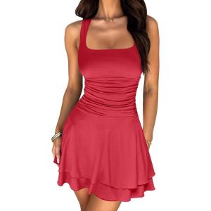 imageCaracilia Womens Square Neck Party Dress Ruffle Hem Ruched Waist Short Cocktail Mini DressesRed