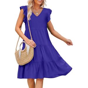 imageCaracilia Womens Summer Ruffle Sleeve V Neck Midi Dress Flowy Boho Casual ALine Tiered Knee Length Beach Vacation SundressBlue