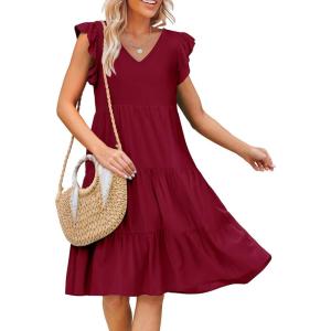imageCaracilia Womens Summer Ruffle Sleeve V Neck Midi Dress Flowy Boho Casual ALine Tiered Knee Length Beach Vacation SundressBurgundy