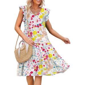 imageCaracilia Womens Summer Ruffle Sleeve V Neck Midi Dress Flowy Boho Casual ALine Tiered Knee Length Beach Vacation SundressMulticolour Floral