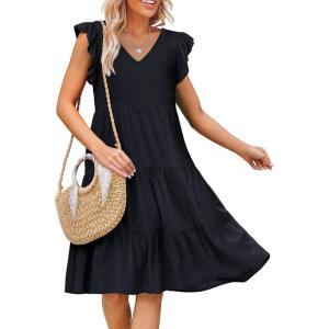 imageCaracilia Womens Summer Ruffle Sleeve V Neck Midi Dress Flowy Boho Casual ALine Tiered Knee Length Beach Vacation SundressNavy Blue