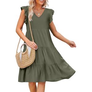 imageCaracilia Womens Summer Ruffle Sleeve V Neck Midi Dress Flowy Boho Casual ALine Tiered Knee Length Beach Vacation SundressOlive