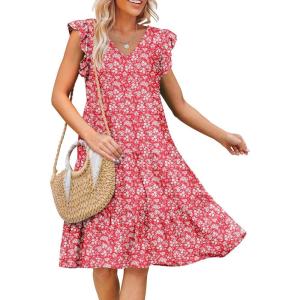 imageCaracilia Womens Summer Ruffle Sleeve V Neck Midi Dress Flowy Boho Casual ALine Tiered Knee Length Beach Vacation SundressRed Floral