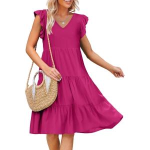 imageCaracilia Womens Summer Ruffle Sleeve V Neck Midi Dress Flowy Boho Casual ALine Tiered Knee Length Beach Vacation SundressRose