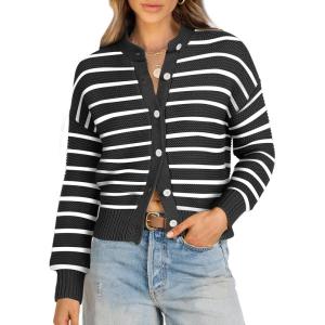 imageCaracilia Cardigan Sweaters for Women Cropped Open Front Tweed Knit Button Down Dressy Casual Jacket 2025 Spring OutwearBlack White