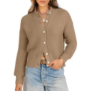 imageCaracilia Cardigan Sweaters for Women Cropped Open Front Tweed Knit Button Down Dressy Casual Jacket 2025 Spring OutwearKhaki