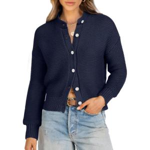 imageCaracilia Cardigan Sweaters for Women Cropped Open Front Tweed Knit Button Down Dressy Casual Jacket 2025 Spring OutwearNavy Blue