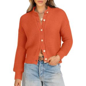 imageCaracilia Cardigan Sweaters for Women Cropped Open Front Tweed Knit Button Down Dressy Casual Jacket 2025 Spring OutwearOrange