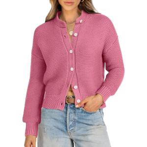 imageCaracilia Cardigan Sweaters for Women Cropped Open Front Tweed Knit Button Down Dressy Casual Jacket 2025 Spring OutwearPink