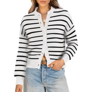 imageCaracilia Cardigan Sweaters for Women Cropped Open Front Tweed Knit Button Down Dressy Casual Jacket 2025 Spring OutwearWhite Black
