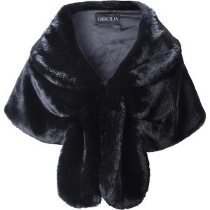imageCaracilia Faux Fur Shawl Wrap Stole Shrug Winter Bridal Wedding Cover UpBlack