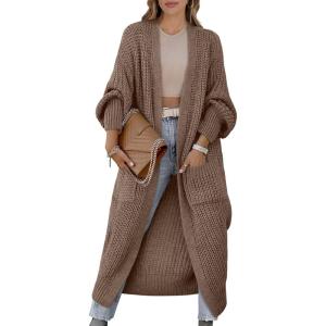 imageCaracilia Women Cardigan Sweaters Long Sleeve Open Front Knit Long Coat Duster Cozy 2025 Fall Winter Outfits with PocketsBrown