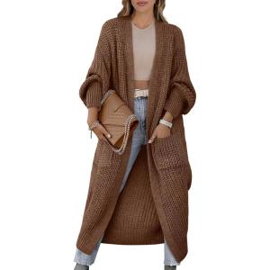 imageCaracilia Women Cardigan Sweaters Long Sleeve Open Front Knit Long Coat Duster Cozy 2025 Fall Winter Outfits with PocketsCoffee