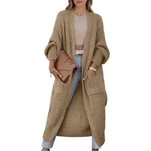 imageCaracilia Women Cardigan Sweaters Long Sleeve Open Front Knit Long Coat Duster Cozy 2025 Fall Winter Outfits with PocketsKhaki