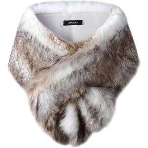 imageCaracilia Women Luxury Faux Fur Coat Jackets Wrap Cape Shawl for Wedding PartyFox White Brown