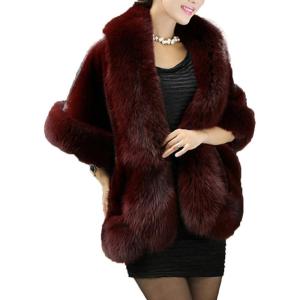 imageCaracilia Women Luxury Faux Fur Coat Jackets Wrap Cape Shawl for Wedding PartyWine