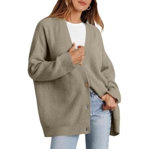 imageCaracilia Womens Oversized Cardigan Sweaters Long Sleeve Button Down Open Front Knit Sweater 2025 Fall Fashion OutfitsTaupe