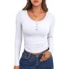 imageCaracilia Women Long Sleeve Top Henley Shirts Button Down Tight Slim Fitted 2025 Spring Casual Basic TShirts BlousesWhite