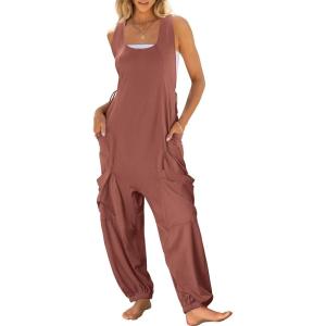 imageCaracilia Overalls for Women Loose Fit Summer Casual Jumpsuit Sleeveless Baggy Harem Pants Rompers One Piece Jumpers OutfitsCaramel