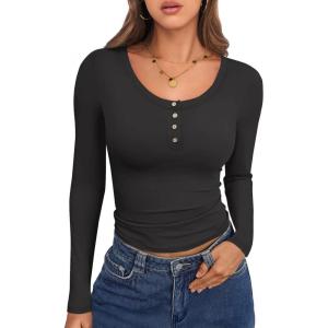 imageCaracilia Women Long Sleeve Top Henley Shirts Button Down Tight Slim Fitted 2025 Spring Casual Basic TShirts BlousesBlack