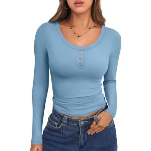 imageCaracilia Women Long Sleeve Top Henley Shirts Button Down Tight Slim Fitted 2025 Spring Casual Basic TShirts BlousesBluish Grey