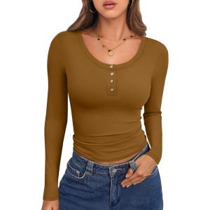 imageCaracilia Women Long Sleeve Top Henley Shirts Button Down Tight Slim Fitted 2025 Spring Casual Basic TShirts BlousesCaramel