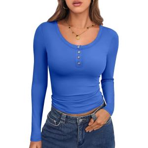 imageCaracilia Women Long Sleeve Top Henley Shirts Button Down Tight Slim Fitted 2025 Spring Casual Basic TShirts BlousesDark Blue