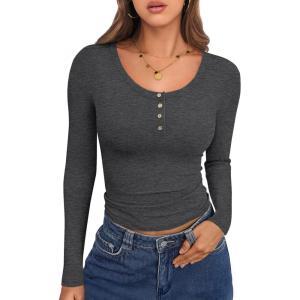 imageCaracilia Women Long Sleeve Top Henley Shirts Button Down Tight Slim Fitted 2025 Spring Casual Basic TShirts BlousesDark Gray