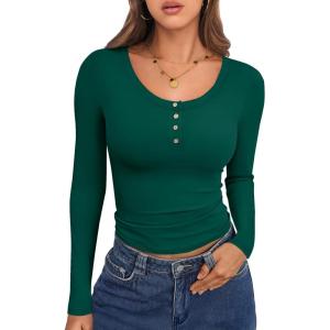 imageCaracilia Women Long Sleeve Top Henley Shirts Button Down Tight Slim Fitted 2025 Spring Casual Basic TShirts BlousesDark Green
