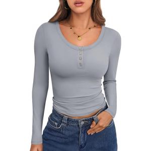 imageCaracilia Women Long Sleeve Top Henley Shirts Button Down Tight Slim Fitted 2025 Spring Casual Basic TShirts BlousesGrey