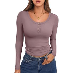 imageCaracilia Women Long Sleeve Top Henley Shirts Button Down Tight Slim Fitted 2025 Spring Casual Basic TShirts BlousesGrey Pink
