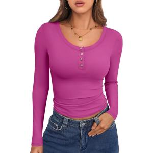 imageCaracilia Women Long Sleeve Top Henley Shirts Button Down Tight Slim Fitted 2025 Spring Casual Basic TShirts BlousesHot Pink