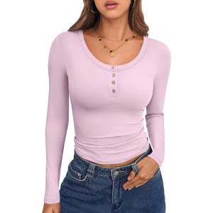 imageCaracilia Women Long Sleeve Top Henley Shirts Button Down Tight Slim Fitted 2025 Spring Casual Basic TShirts BlousesLight Pink