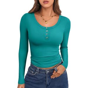 imageCaracilia Women Long Sleeve Top Henley Shirts Button Down Tight Slim Fitted 2025 Spring Casual Basic TShirts BlousesMint
