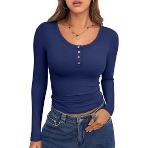 imageCaracilia Women Long Sleeve Top Henley Shirts Button Down Tight Slim Fitted 2025 Spring Casual Basic TShirts BlousesNavy Blue