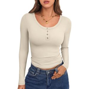 imageCaracilia Women Long Sleeve Top Henley Shirts Button Down Tight Slim Fitted 2025 Spring Casual Basic TShirts BlousesOffwhite