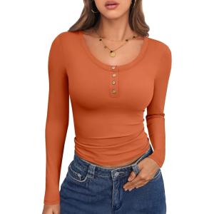 imageCaracilia Women Long Sleeve Top Henley Shirts Button Down Tight Slim Fitted 2025 Spring Casual Basic TShirts BlousesOrange