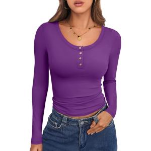 imageCaracilia Women Long Sleeve Top Henley Shirts Button Down Tight Slim Fitted 2025 Spring Casual Basic TShirts BlousesPurple