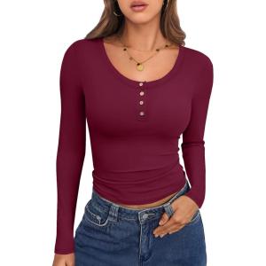 imageCaracilia Women Long Sleeve Top Henley Shirts Button Down Tight Slim Fitted 2025 Spring Casual Basic TShirts BlousesWine Red