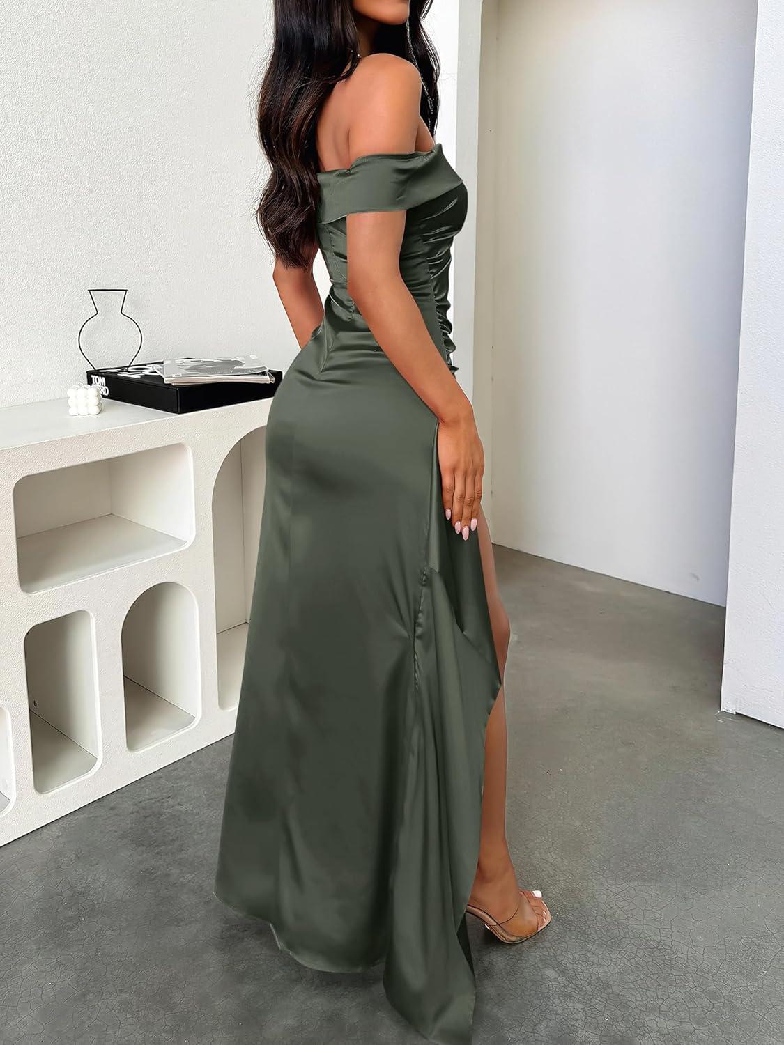 imageCaracilia Women Off Shoulder Sleeveless Maxi Formal Dress High Split Cocktail Party Elegant 2025 Fall Wedding Guest DressesArmy Green