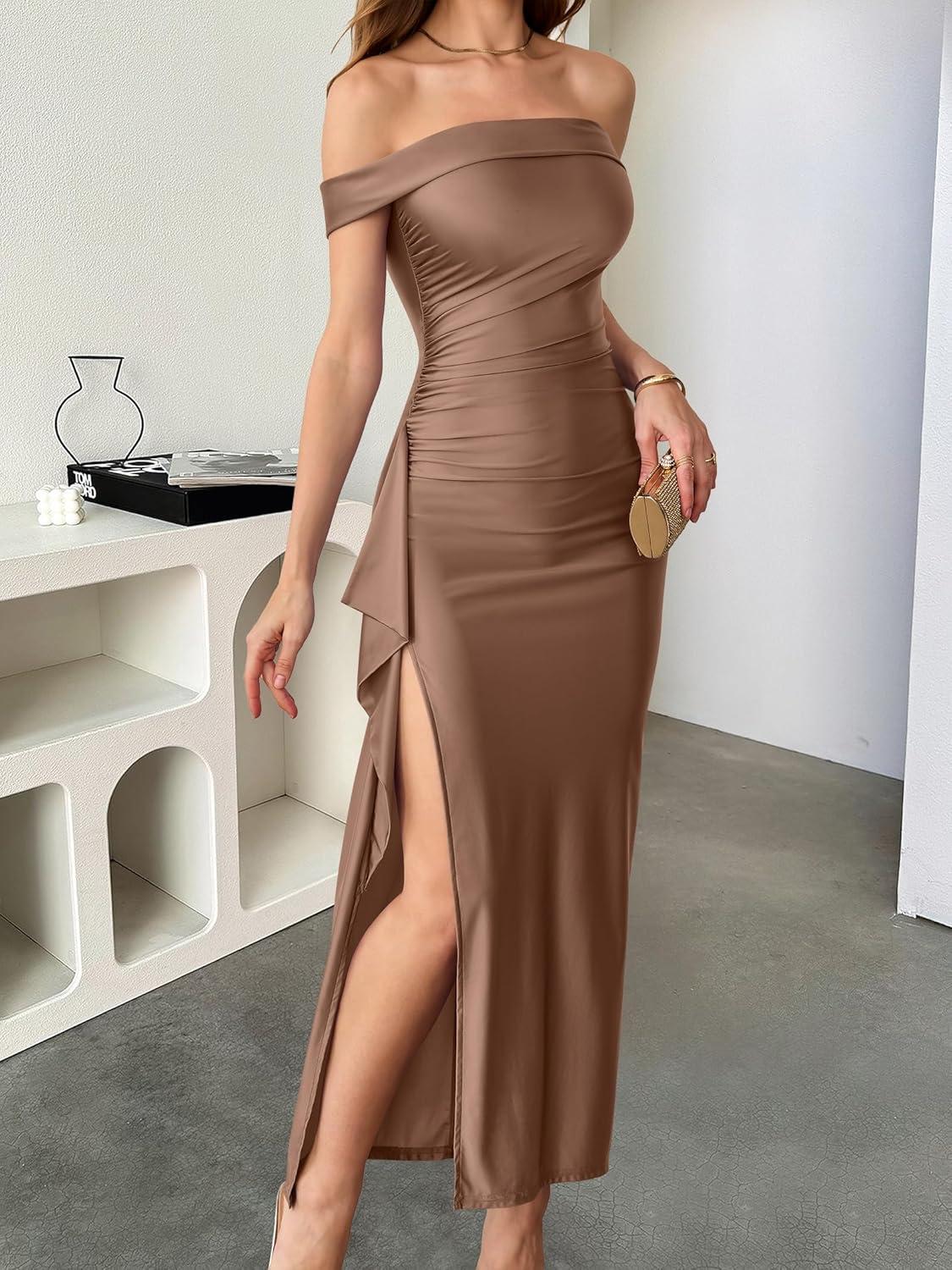 imageCaracilia Women Off Shoulder Sleeveless Maxi Formal Dress High Split Cocktail Party Elegant 2025 Fall Wedding Guest DressesBrown
