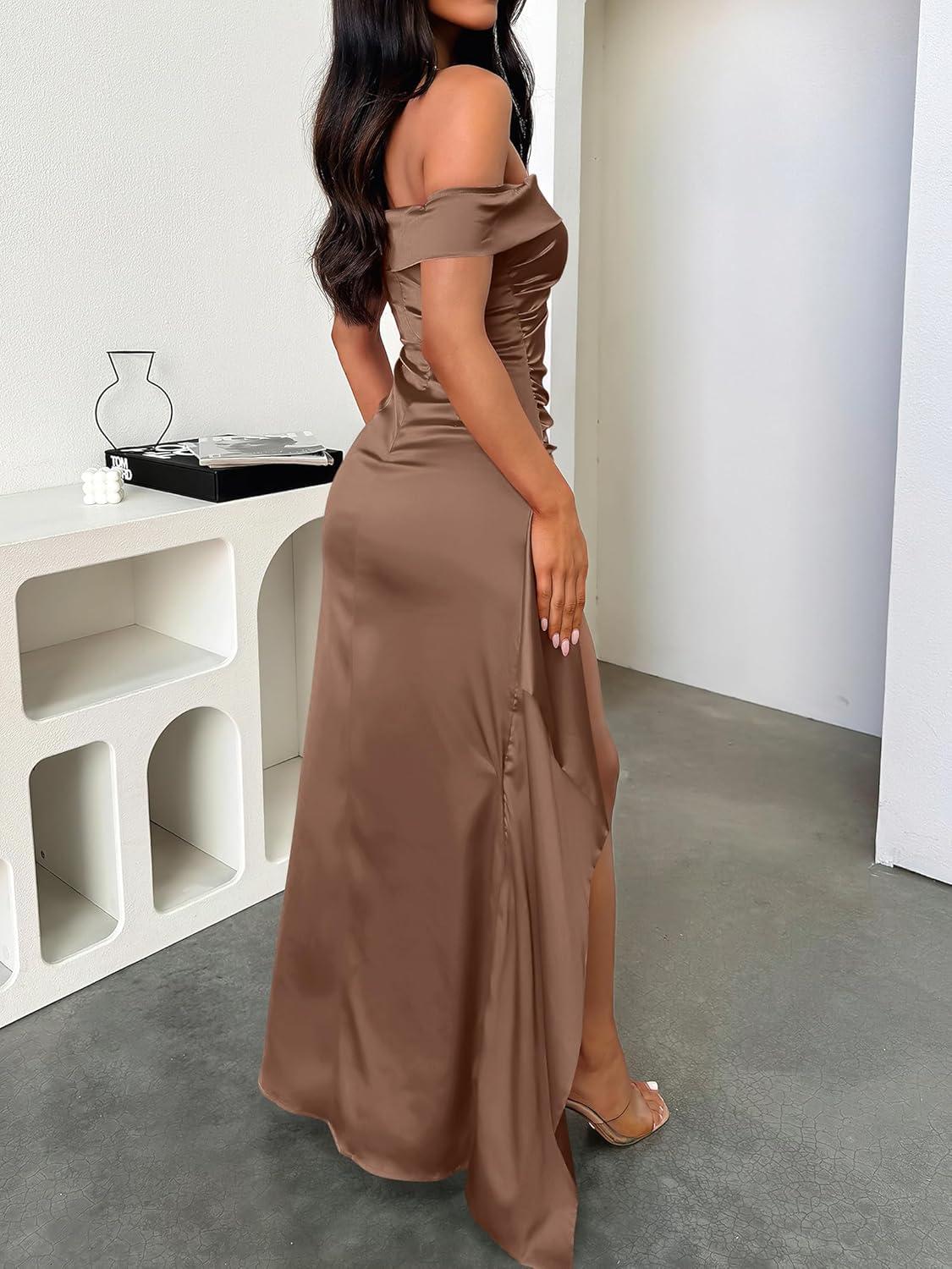 imageCaracilia Women Off Shoulder Sleeveless Maxi Formal Dress High Split Cocktail Party Elegant 2025 Fall Wedding Guest DressesBrown