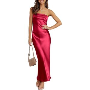 imageCaracilia Womens Strapless Satin Tube Bodycon Backless Wedding Guest Maxi Dress 2025 Fall Formal Long DressesRed